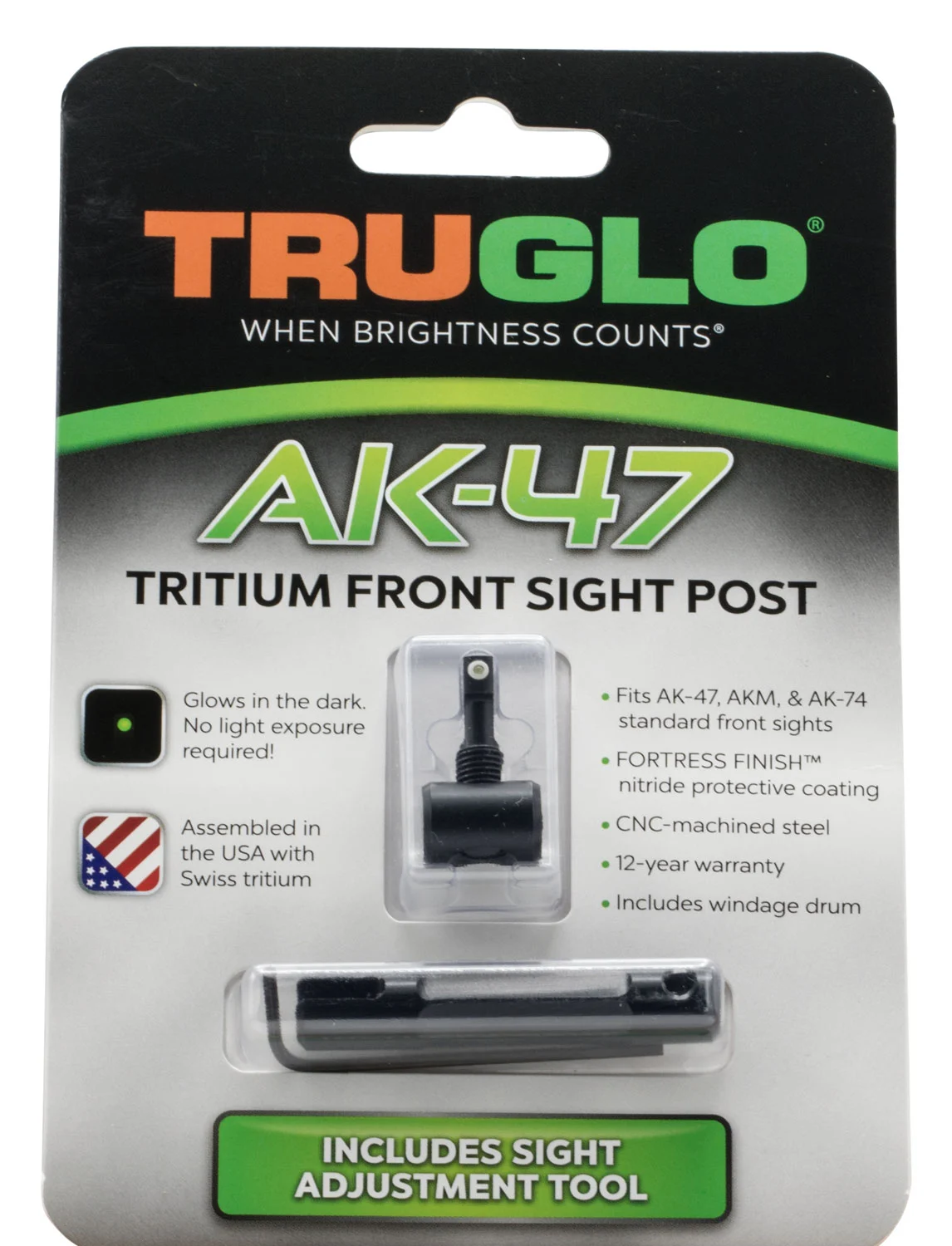 TruGlo TG231AK1 Tritium Rifle Front Sight Black-Green with White Outline for AK-47, AKM, AK-74
