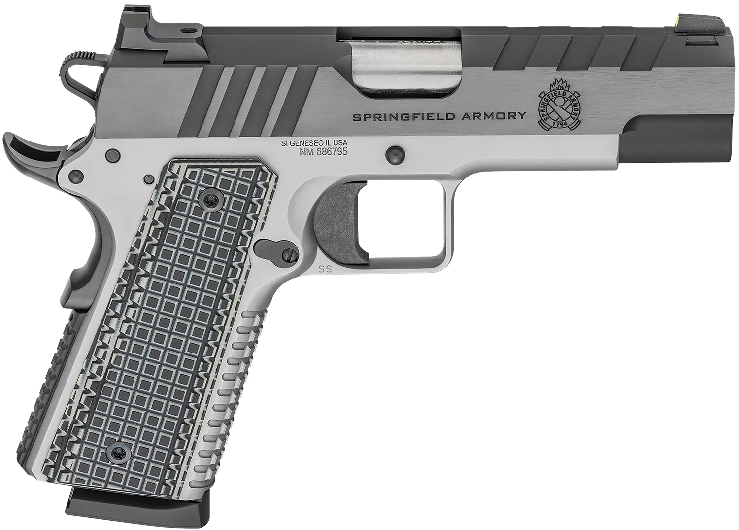 Springfield Armory PX9218L 1911 Emissary 45 ACP 8+1 4.25" Bull Barrel, Stainless Steel Frame w/Beavertail , Tri-Top Cut Blued Carbon Steel Slide, Black VZ Thin-Line G10 Grip