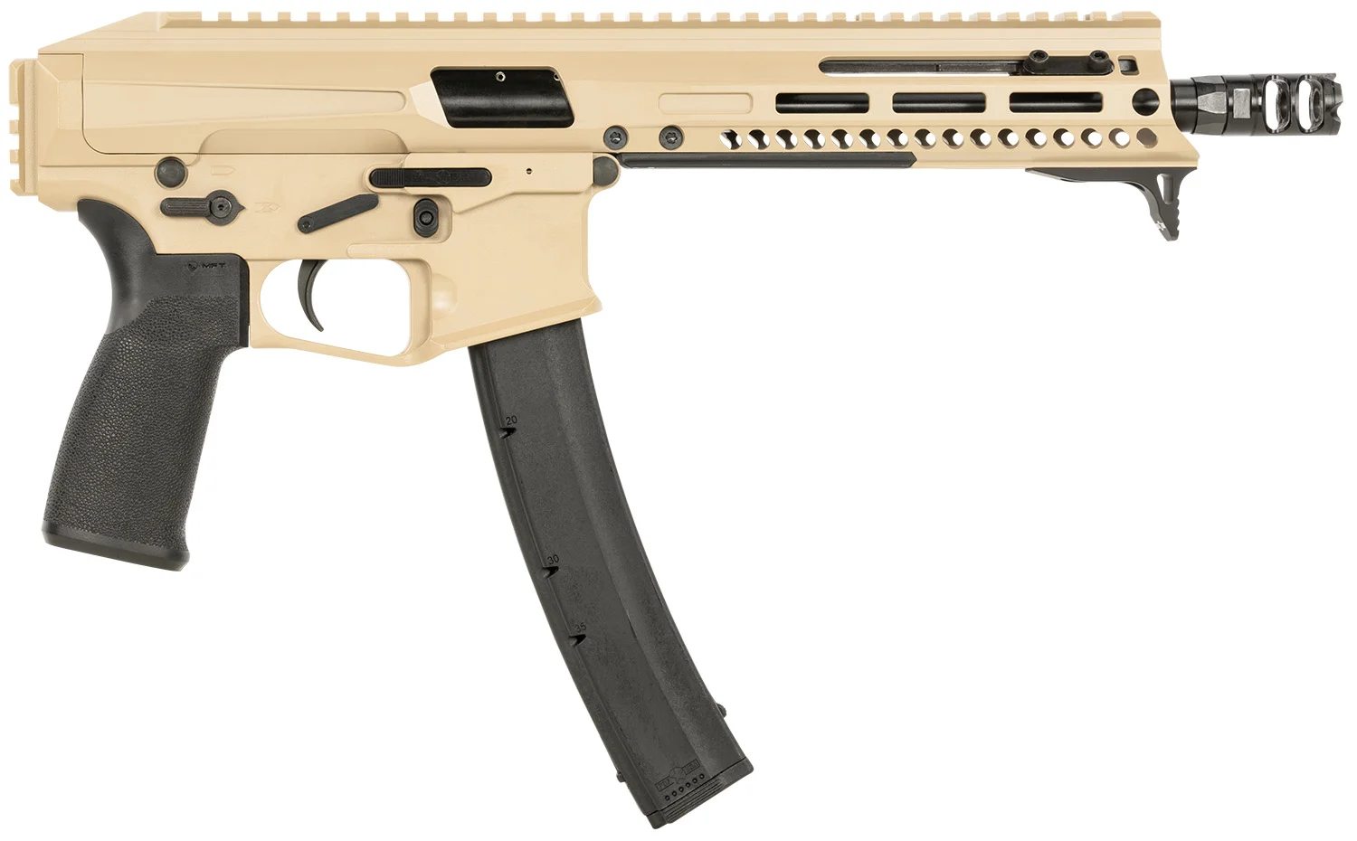 Patriot Ordnance Factory 01926 Phoenix 9mm Luger 35+1 8", Flat Dark Earth Rec/M-LOK Handgaurd, Black MFT Grip, Picatinny Stock Adapter, Muzzle Brake, Includes Hand Stop