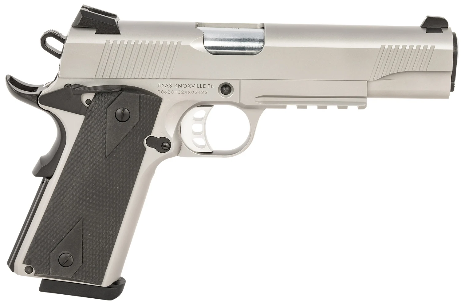 Tisas 10100533 1911 Duty 45 ACP 8+1 5" Black Steel Barrel, Stainless Serrated Slide, Satin Stainless Steel Frame w/Accessory Rail & Beavertail, Ambidextrous