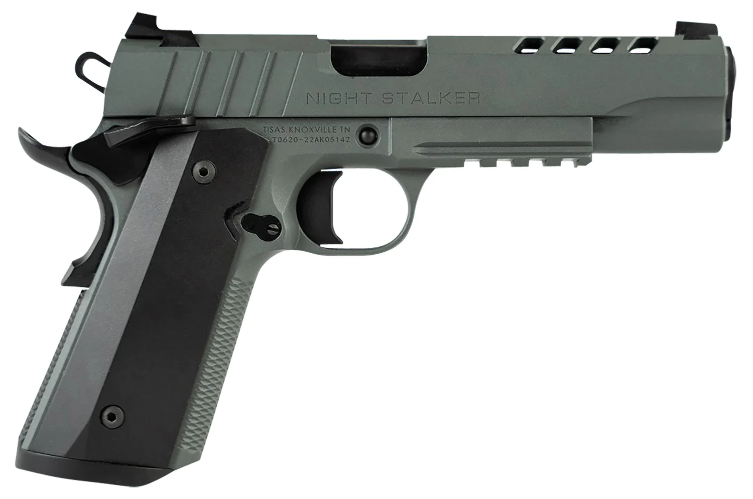 Tisas 10100512 1911 Night Stalker Full Size 45 ACP 8+1 5" Black Steel Ramped Barrel, Platinum Grey Cerakote Ported/Serrated Slide & Frame w/Picatinny Rail & Beavertail, Ambidextrous