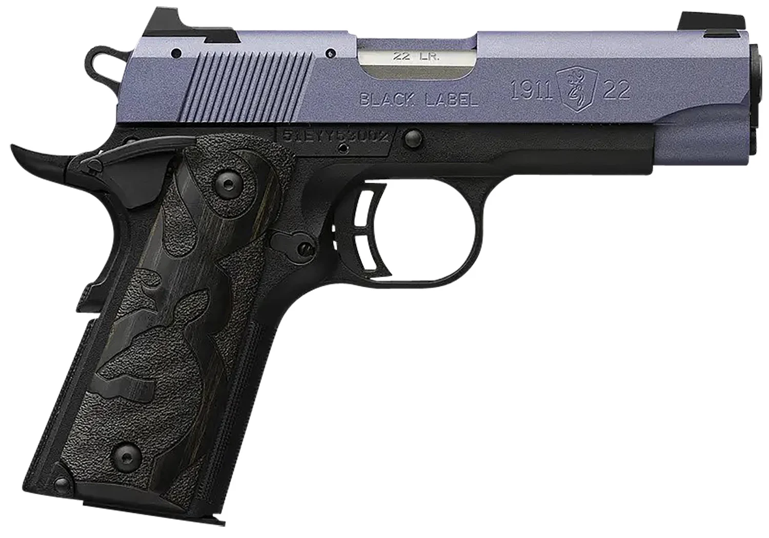 Browning 051894490 1911 Black Label Compact Frame 22 LR 10+1, 3.63" Matte Stainless Steel Barrel, Crushed Orchid Cerakote Serrated Slide, Matte Black Polymer Frame w/Beavertail