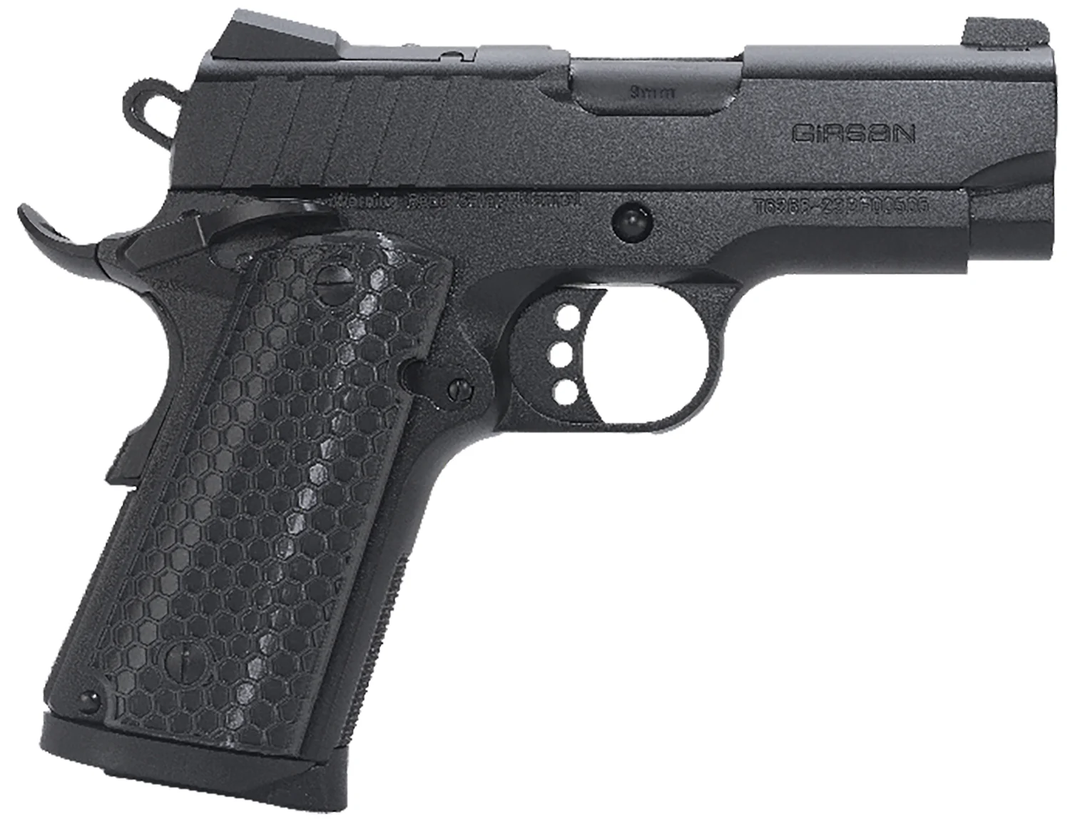Girsan 391040 MC1911 SC Influencer Sub-Compact 9mm Luger 7+1 3.40" Blued Steel Barrel, Black Cerakote Optic Ready/Serrated Steel Slide & Frame w/Picatinny Rail & Beavertail, Gray Polymer Grip