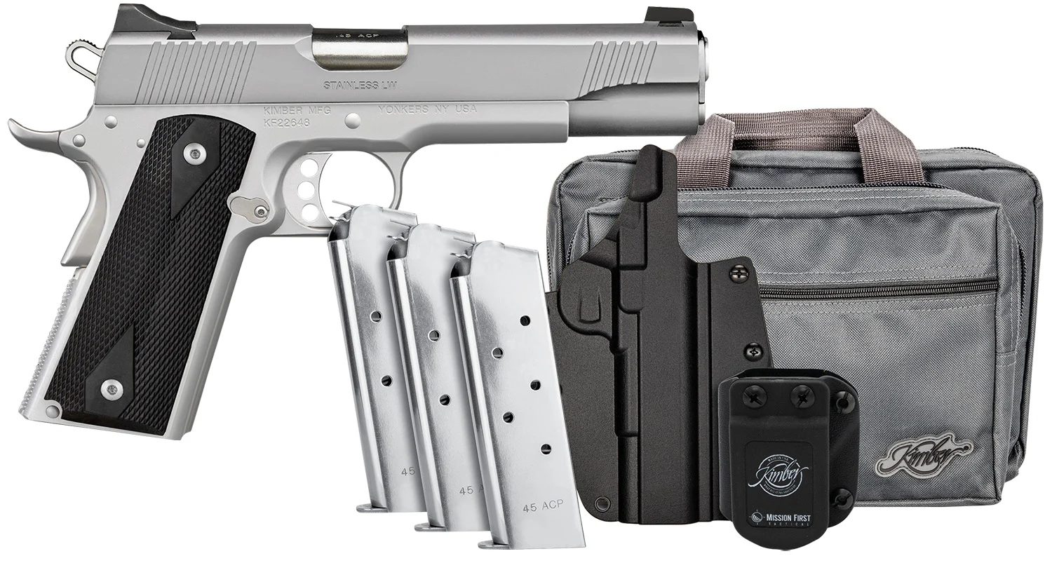 Kimber Mfg, Inc 3700826 Stainless LW Club Bundle Full Size Frame 45 ACP 7+1 5" Stainless Match Grade Barrel, Serrated Stainless Steel Slide, Stainless Aluminum Frame w/Beavertail, Black Textured Grip