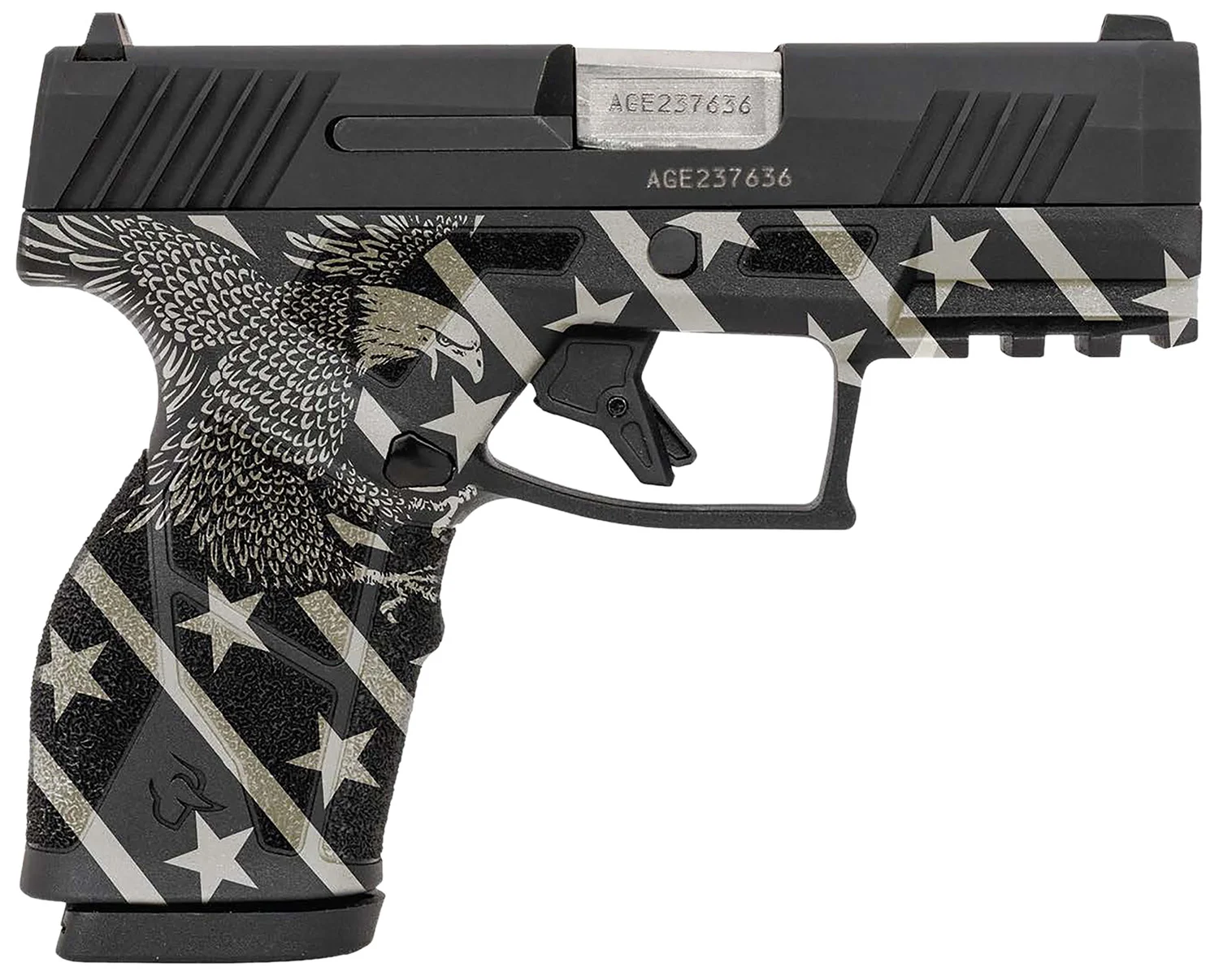 Taurus 1-GX2931-10EN1 GX2 Compact Frame 9mm Luger 10+1 3.38" Stainless Steel Barrel, Matte Black Serrated Alloy Steel Slide, Black w/Eagle, Stars & Stripes Polymer Frame w/Accessory Rail