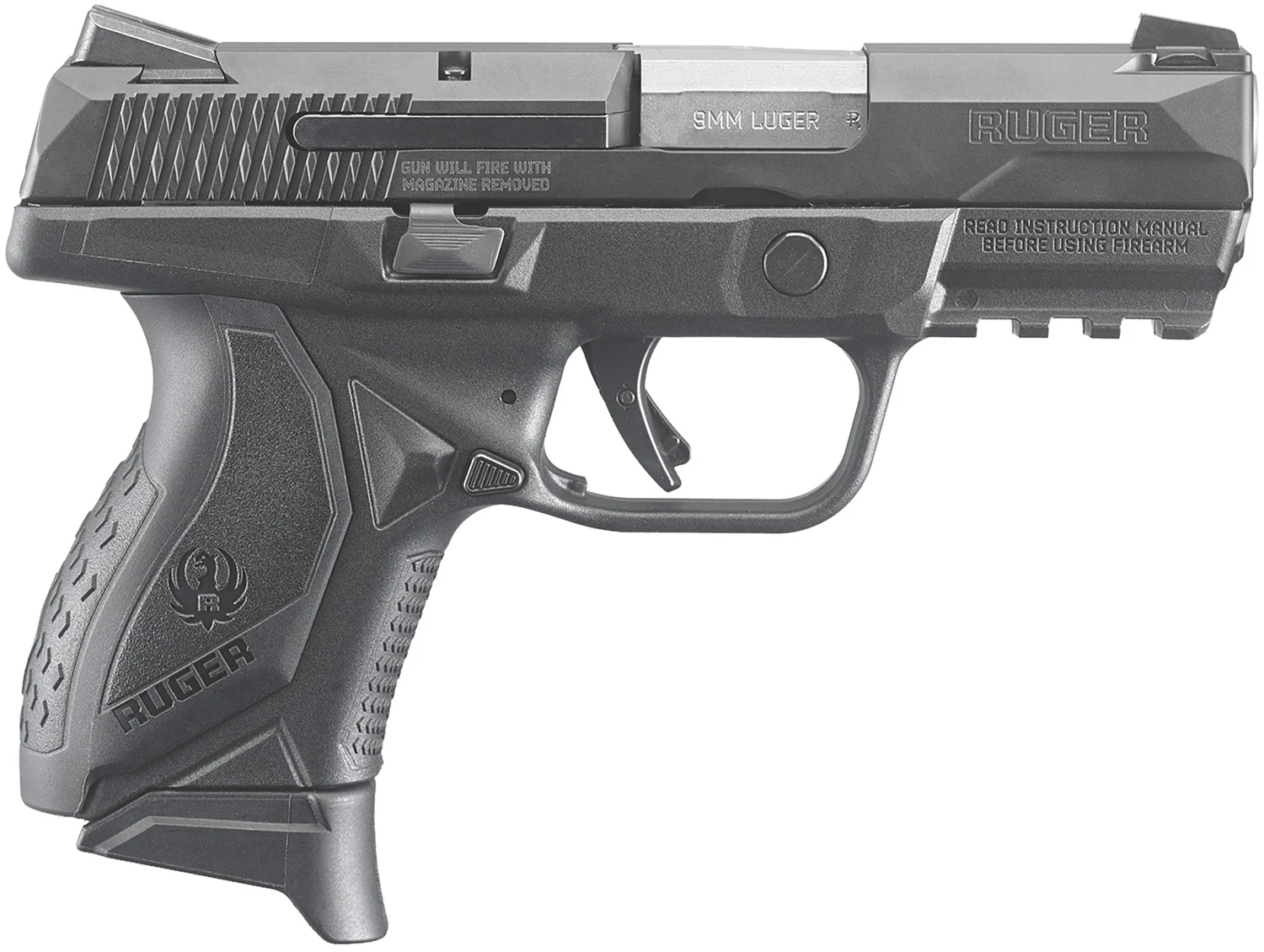 Ruger 8635 American Compact Frame 9mm Luger 17+1 3.55" Stainless Steel Barrel, Black Nitride Serrated Stainless Steel Slide, Black Polymer Frame w/Picatinny Rail, Textured Wraparound Grip, Right Hand
