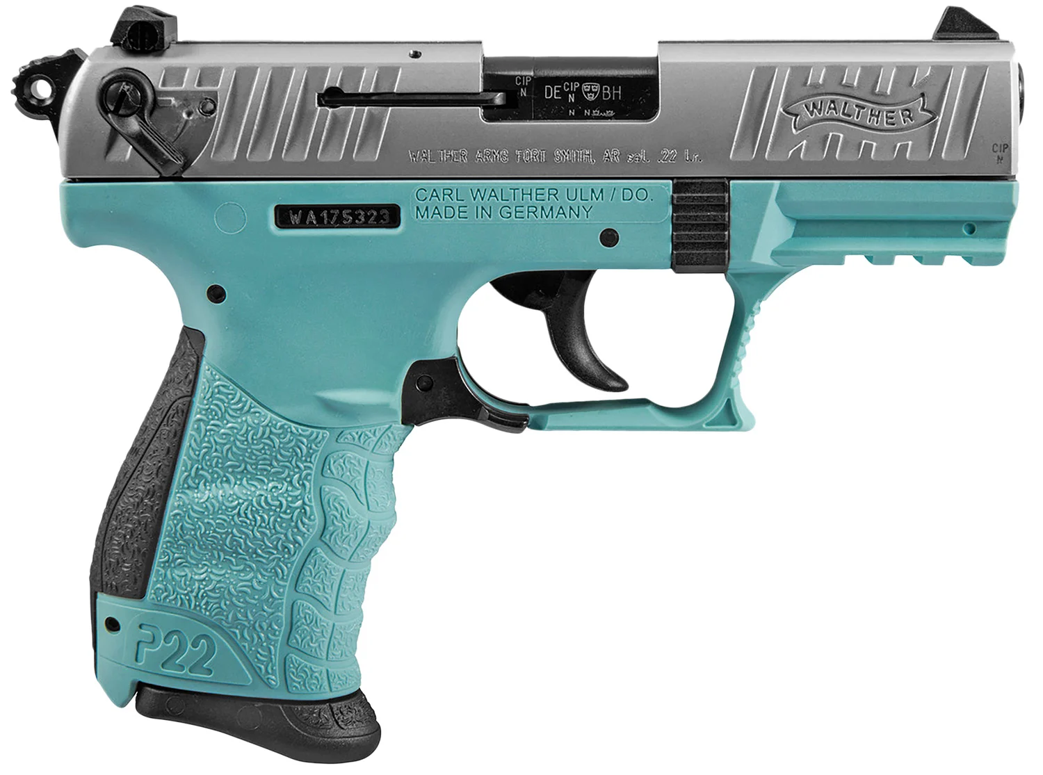 Walther Arms 5120362 P22 *CA Compliant 22 LR 10+1 3.42" Stainless Steel Serrated/Steel Slide, Angel Blue Polymer Frame w/Picatinny Rail, Black Interchangeable Backstrap Grips