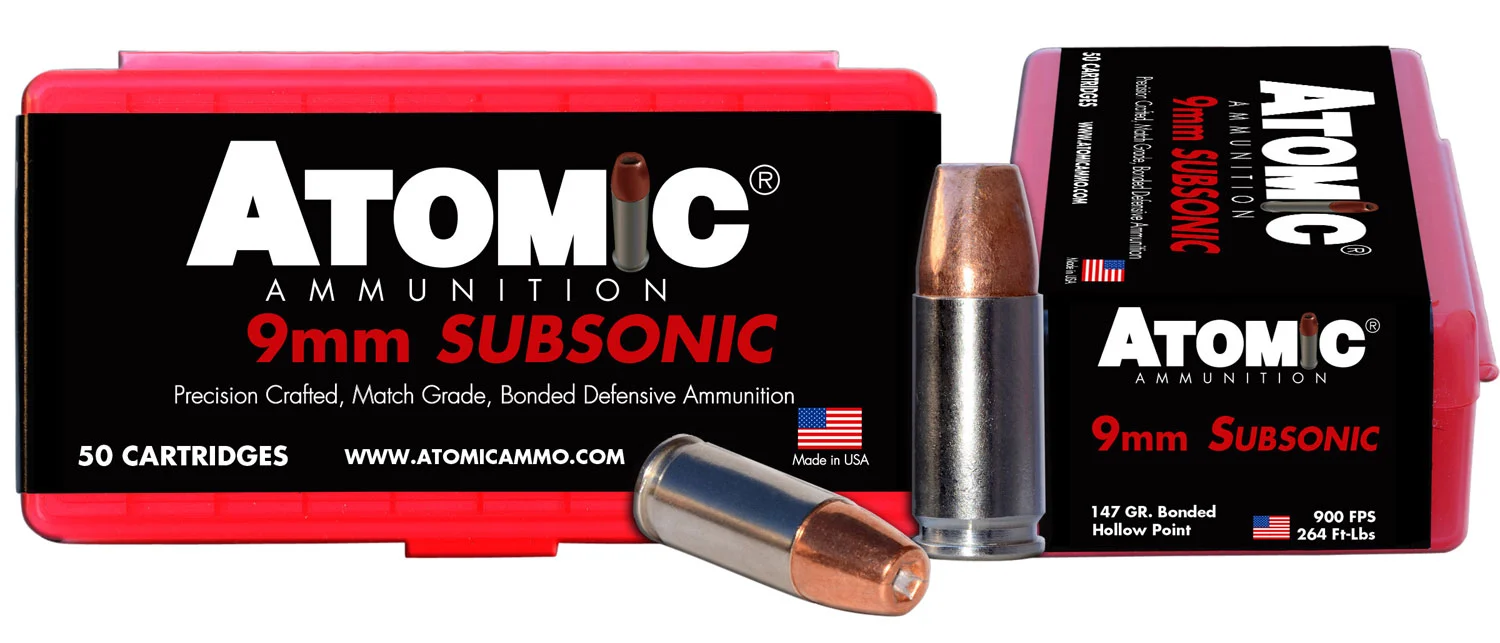 Atomic Ammunition 00438 Pistol Subsonic 9mmLuger 147gr Bonded Match Hollow Point 50 Per Box/10 Case - Atomic