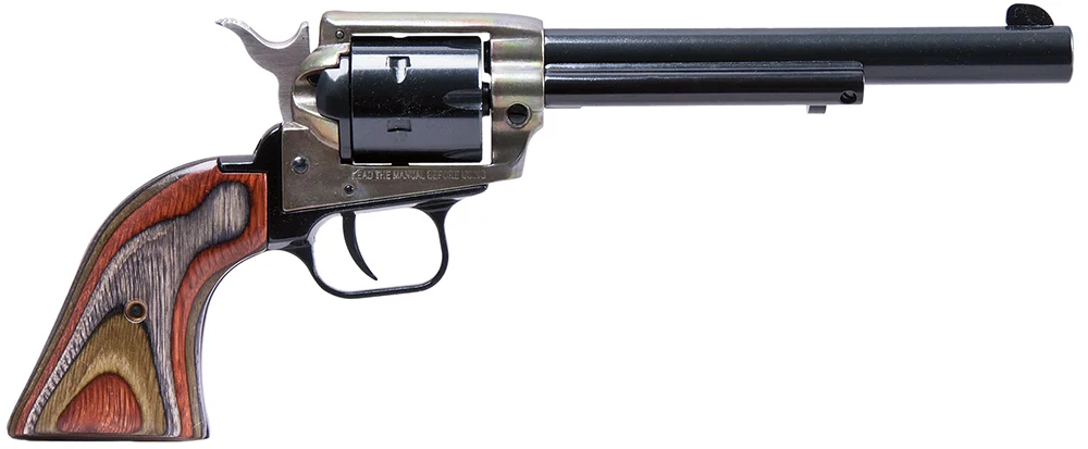 Heritage Mfg RR22MCH4 Rough Rider 22 LR/22 WMR 6 Shot, 4.75" Black Steel Barrel & Cylinder Simulated Case Hardened Zinc Alloy Frame, Camo Laminate Grip, Hammer/Thumb Safety, Exposed Hammer