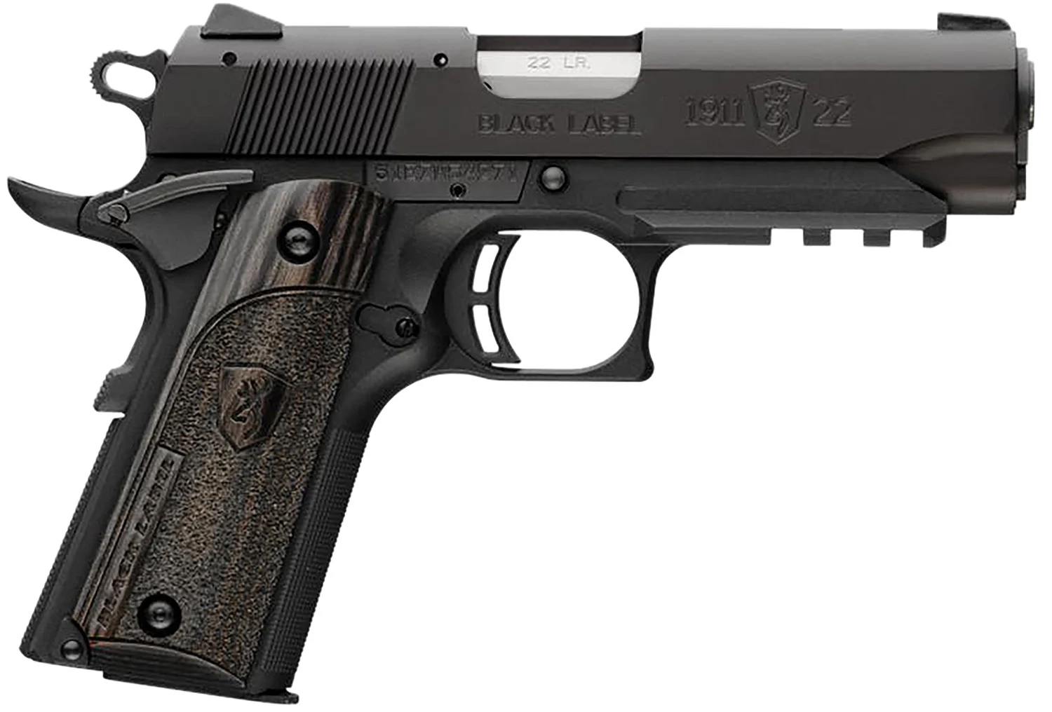 Browning 051817490 1911-22 Black Label Compact Frame 22 LR 10+1, 3.63" Stainless Steel Barrel, Matte Black Serrated Slide & Polymer Frame w/Beavertail & Picatinny Rail, Black Laminate Stippled Grip