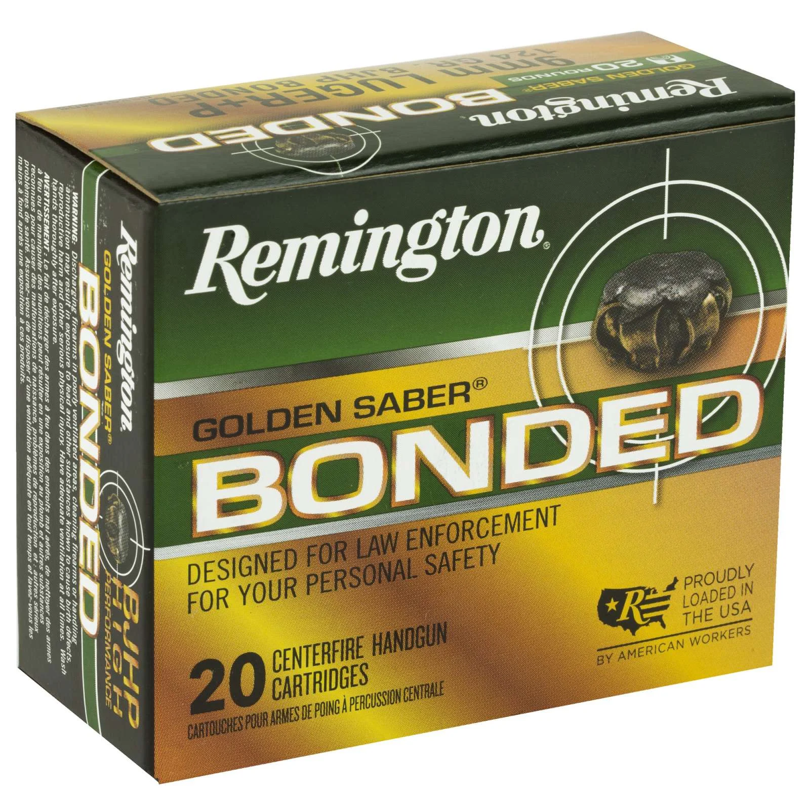 REMINGTON 9MM LUGER +P 124GR BJHP GOLDEN SABER BONDED 20 RD/BX 25 BX/CS - Remington