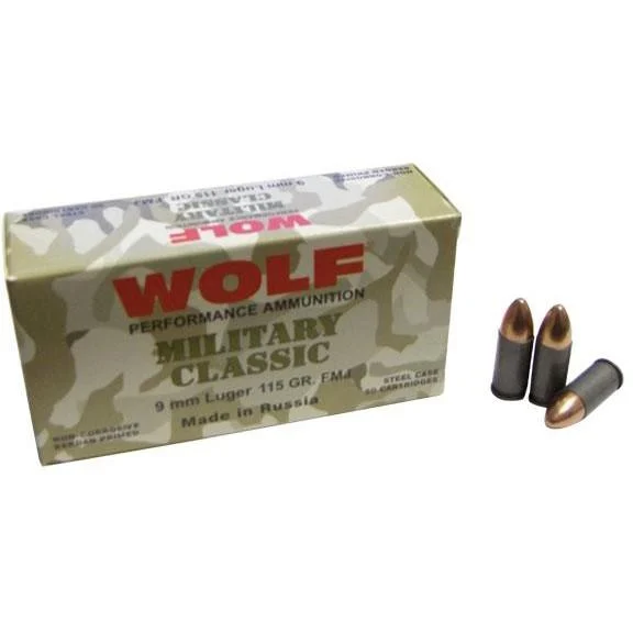 Wolf Miltary Classic Handgun Ammunition 9mm Luger 115 gr FMJ 1150 fps 50/ct - Wolf Ammunition